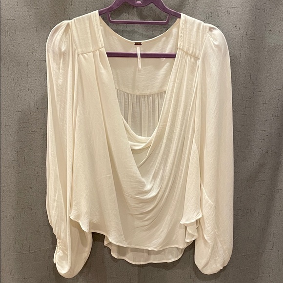 Free People Tops - Free People Cream Draped Front Bishop Sleeves Women's Blouse Oversized Small